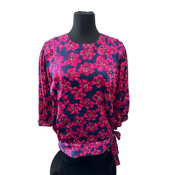 MAYEELOK | Pink Floral Blouse Vibrant 80s Style Pleated Top | Medium - Picture 2 of 8